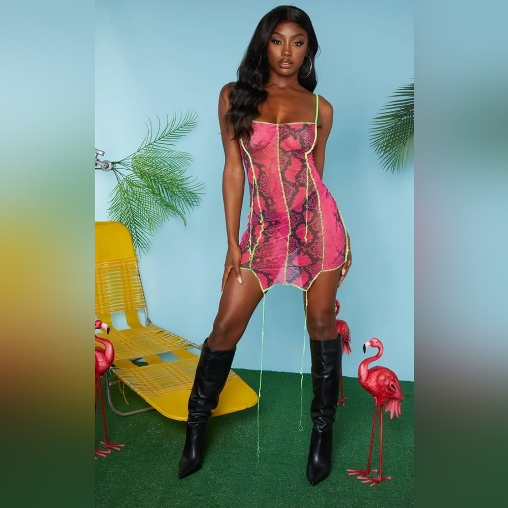 Hot Pink Snake Mesh Overlocked Bodycon Dress